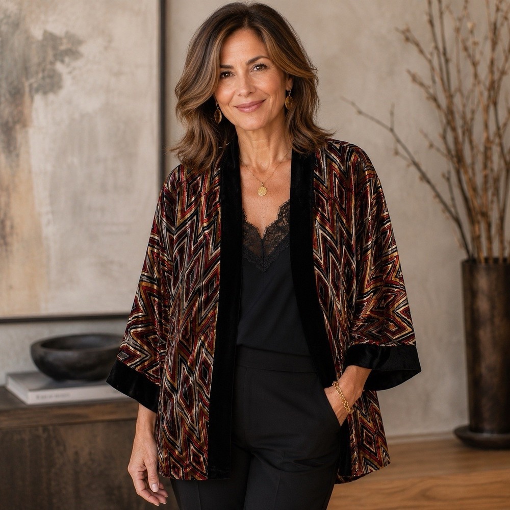 Chico's Velvet Kimono Cardigan Diamond Days Trailblaze Sz 3 XL 16 Brown Mature